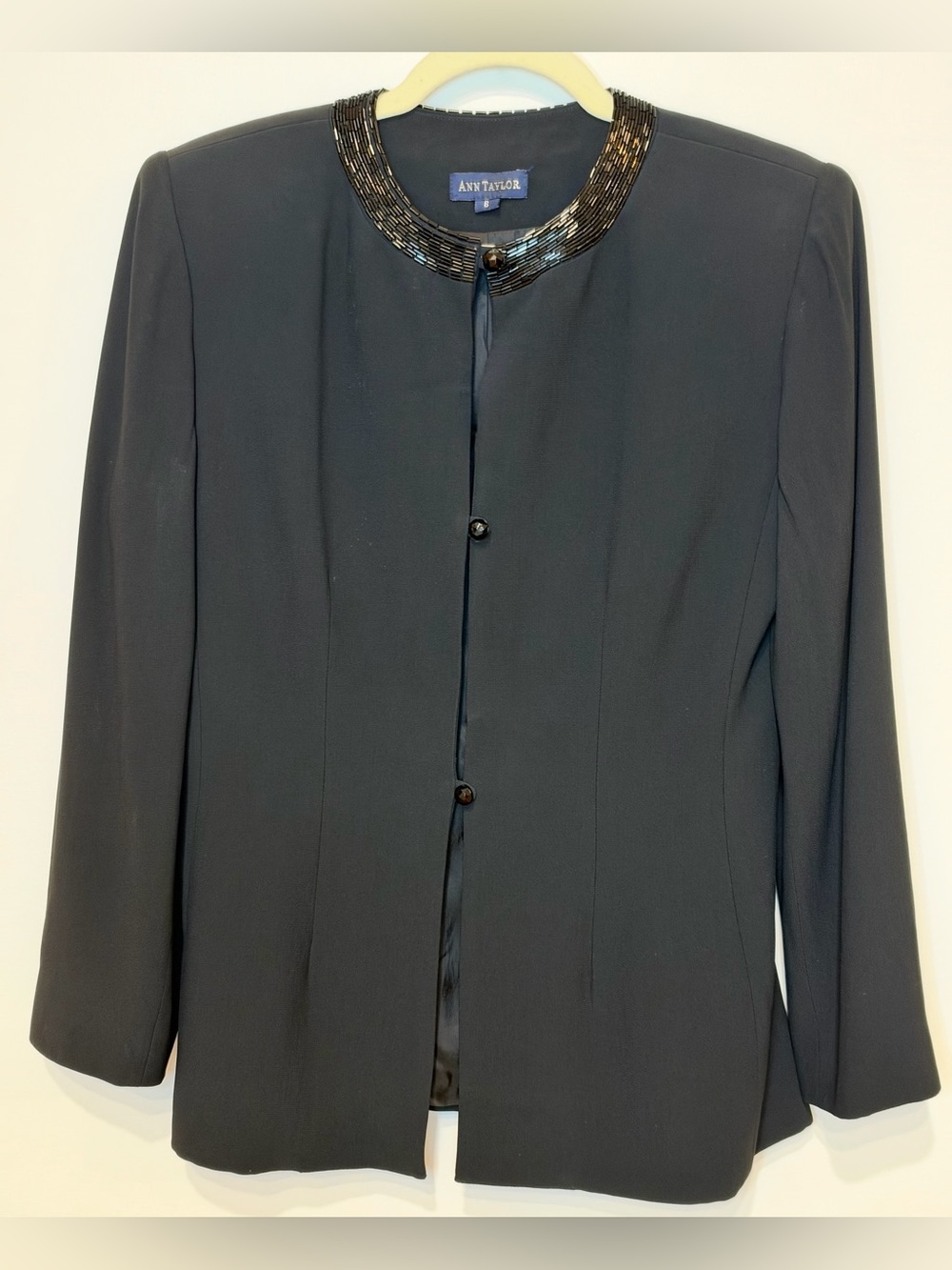 Vintage Ann Taylor Women’s Black Beaded
Neck Formal Evening Jacket Size 6